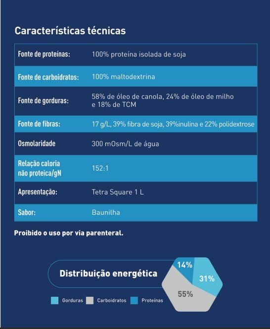 Características técnicas de uma formulação nutricional, incluindo proteínas de soja e baunilha.