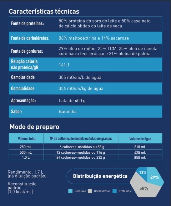 Informação nutricional e modo de preparo de suplemento alimentar em português.