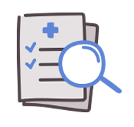 Ícone de lista de verificação médica com lupa.
